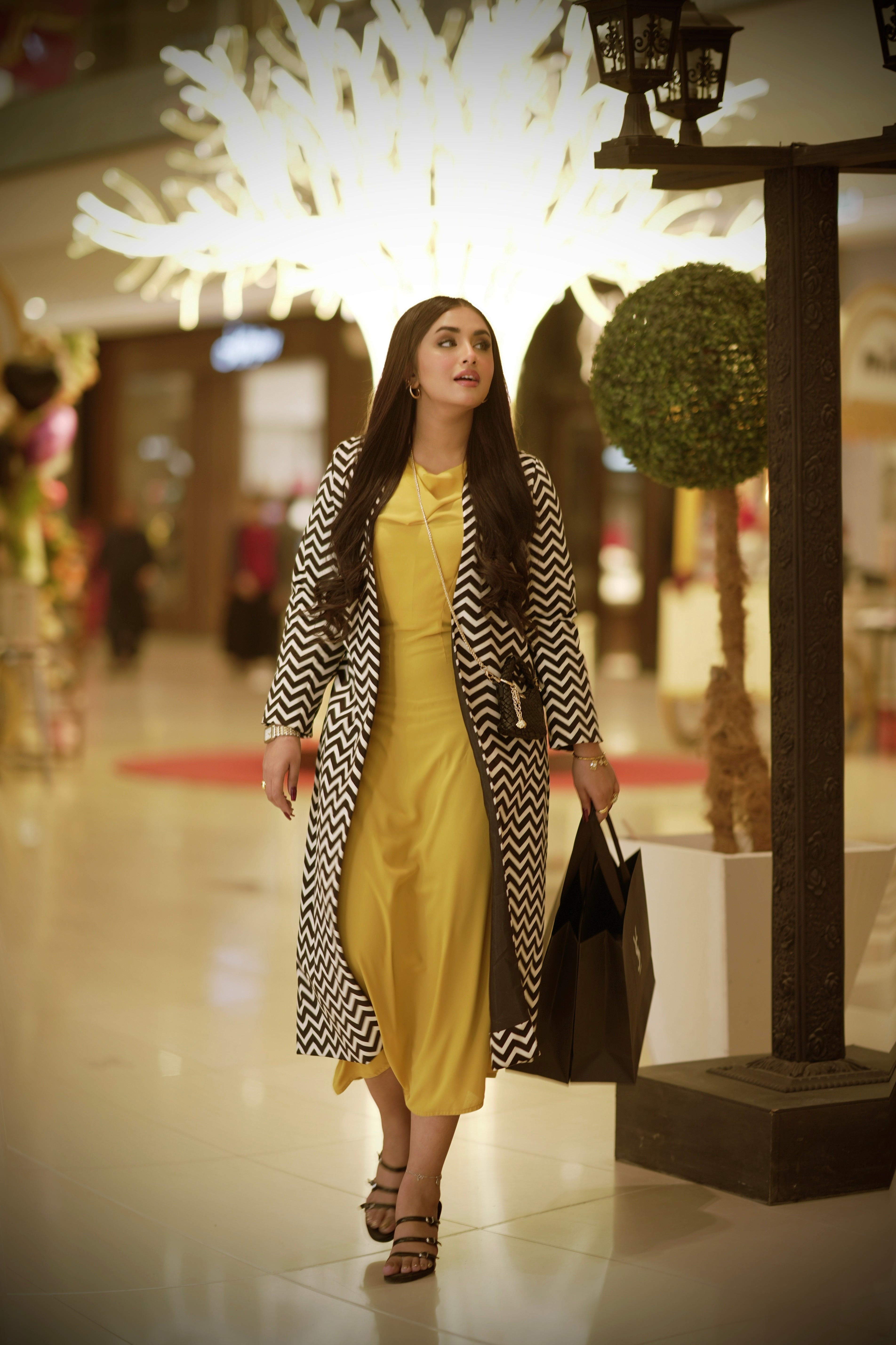 Chic Mustard Dress with Black & White Chevron Coat Set Modern Elegan Minahil's Attire Chic Mustard Dress with Black & White Chevron Coat Set Modern Elegan Minahil's Attire