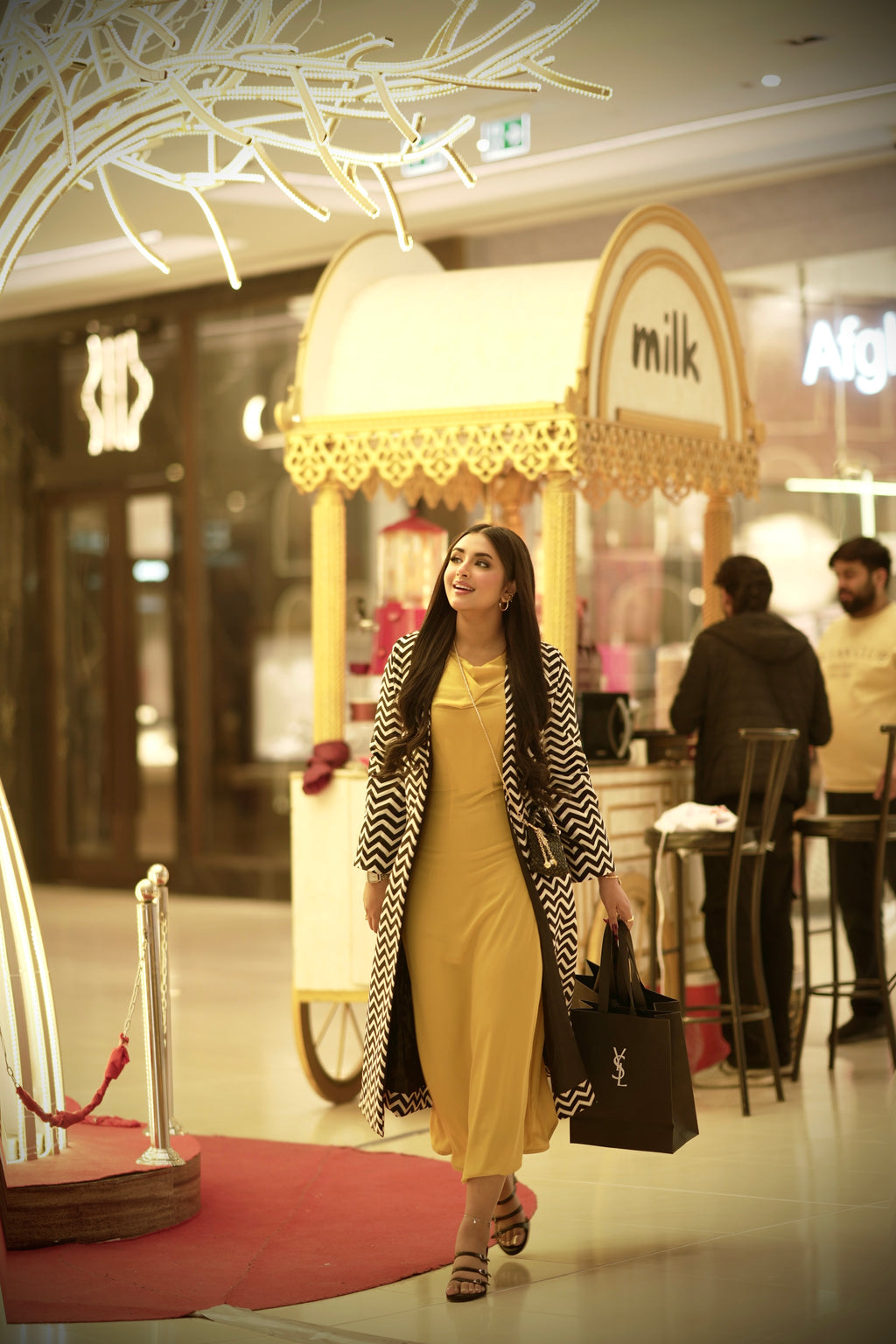 Chic Mustard Dress with Black & White Chevron Coat Set – Modern Elegant Outfit